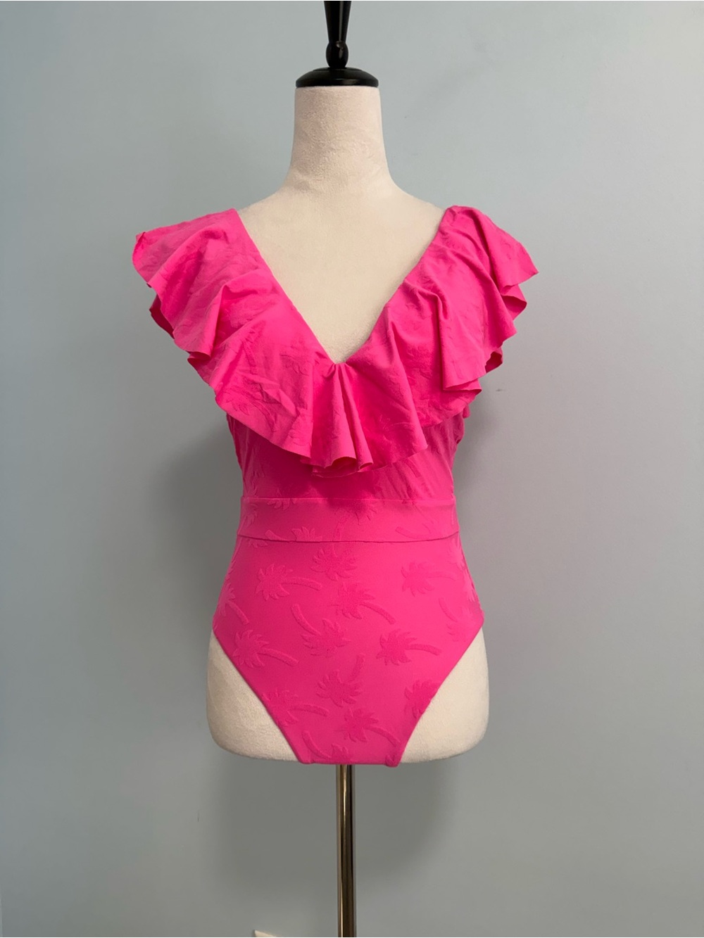 Trina Turk Hot Pink Palm Tree Textured Sway Ruffle Plunge Bathing Suit Size 6